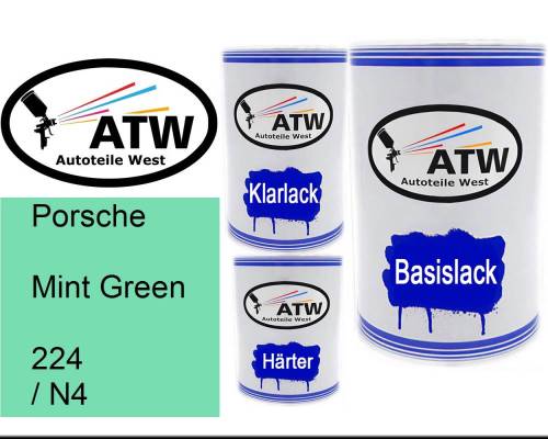Porsche, Mint Green, 224 / N4: 500ml Lackdose + 500ml Klarlack + 250ml Härter - Set, von ATW Autoteile West.
